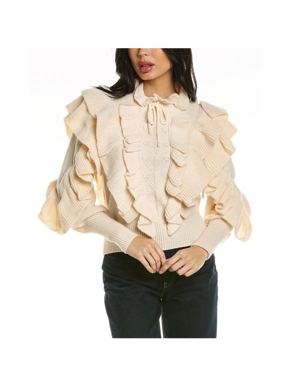 Stellah Romantic Cream Victorian Ruffle Mock Neck Balloon Sleeves Sweater Size S